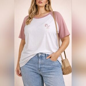 Closure London | White and Pink Raglan Sleeve T-Shirt, Size XXL